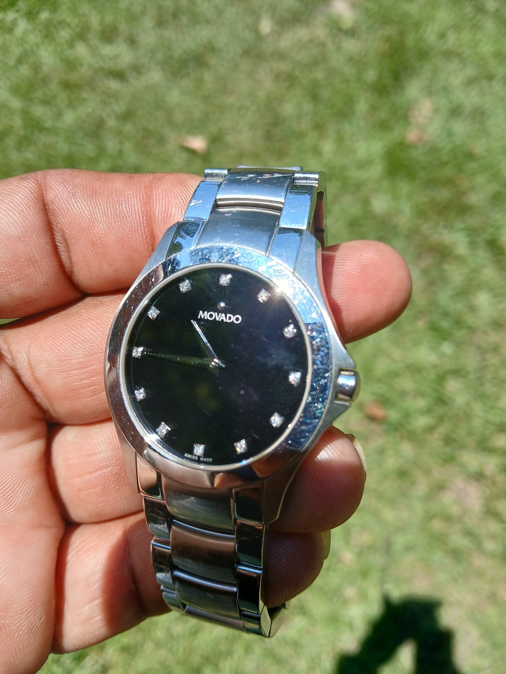 Movado Masino Silver-Tone Watch with Black Dial and Crystal Markers